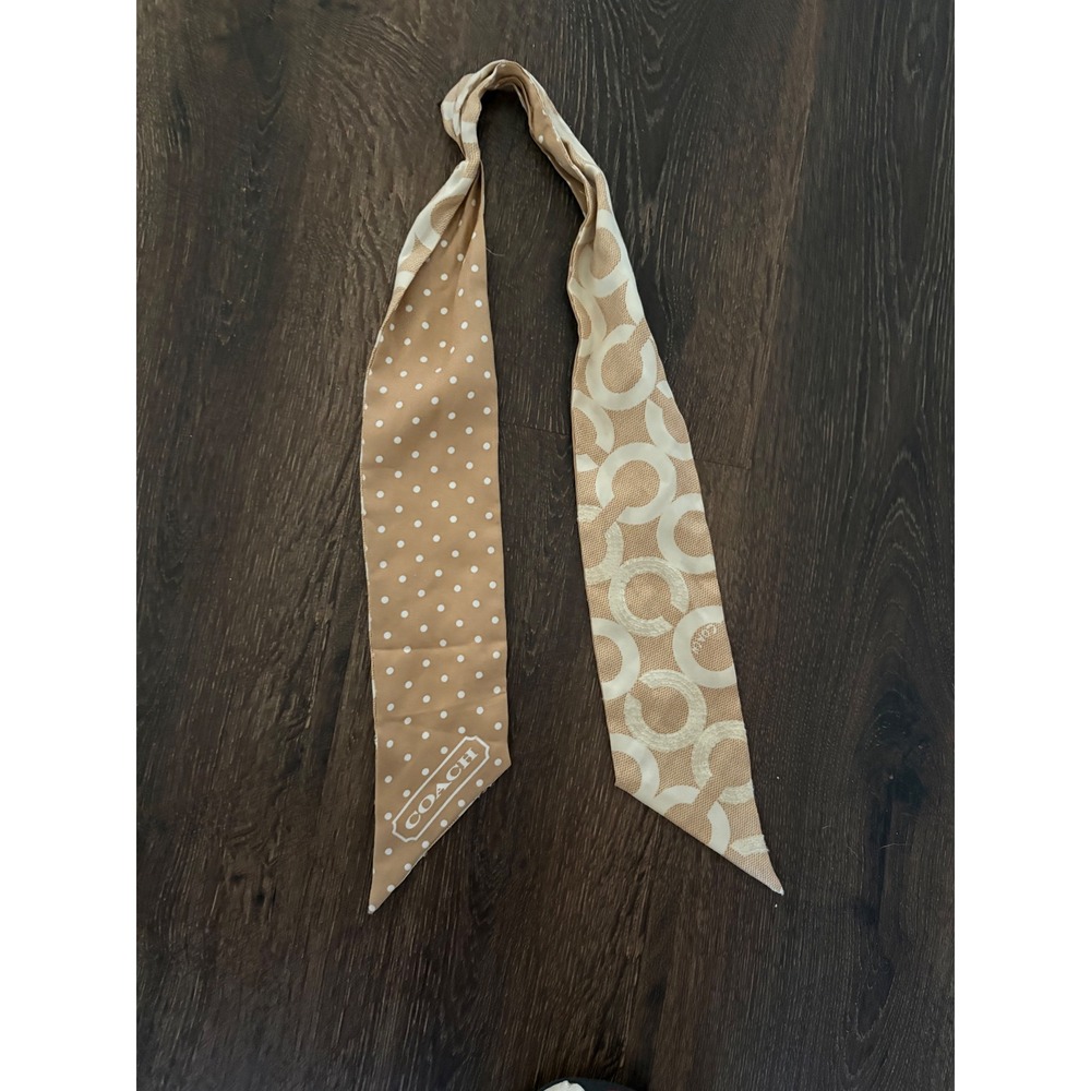 Coach Silk Skinny Scarf Reversible Polka Dot Signature C Tan Beige 33.5 x 2.5